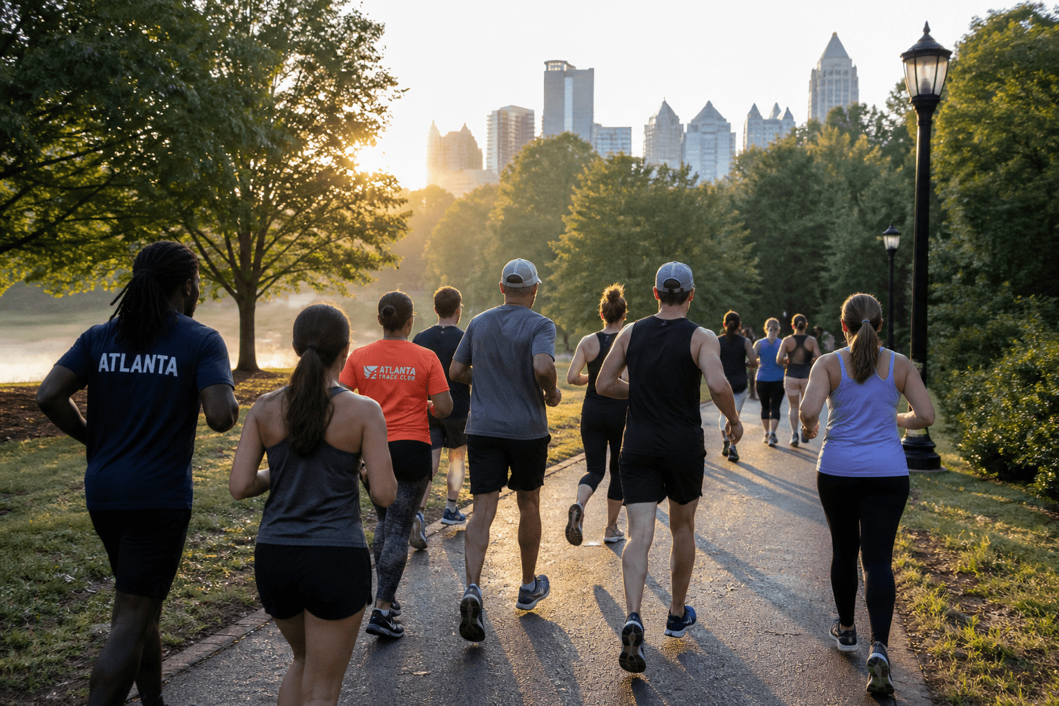 Atlanta walkers and runners moving together at a Running with Precision community event
