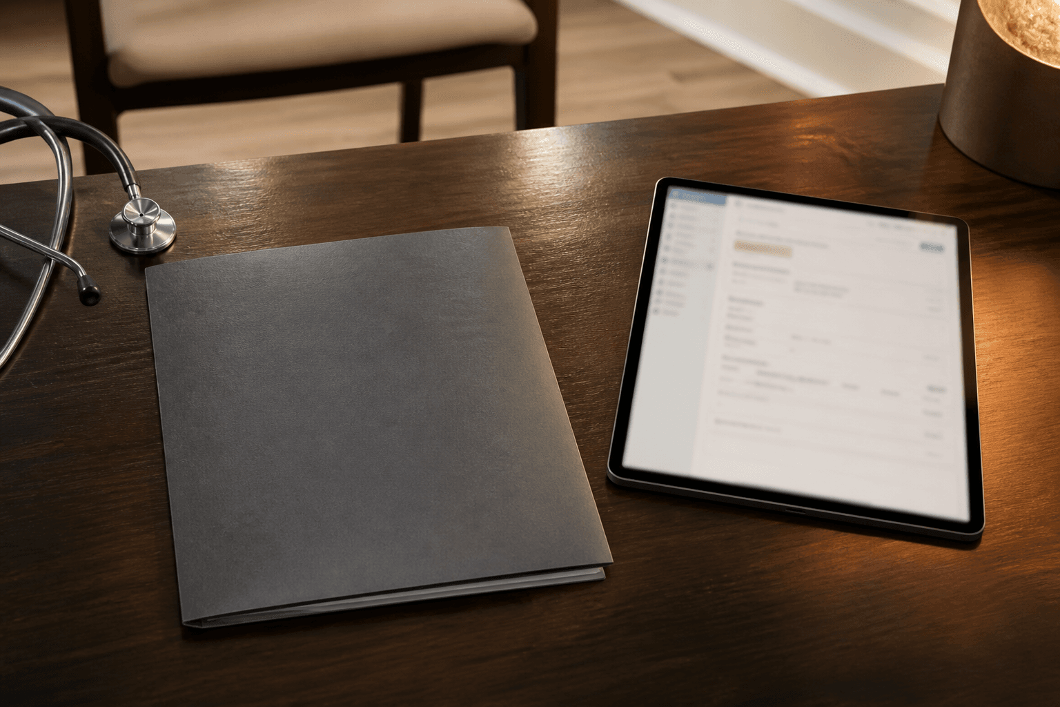 A clinical care desk scene representing lab review with physician oversight