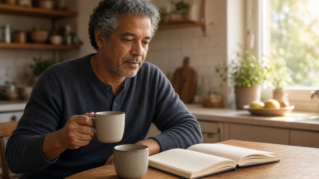 A vital adult in their fifties at a kitchen table with morning light, coffee, and a quiet journal
