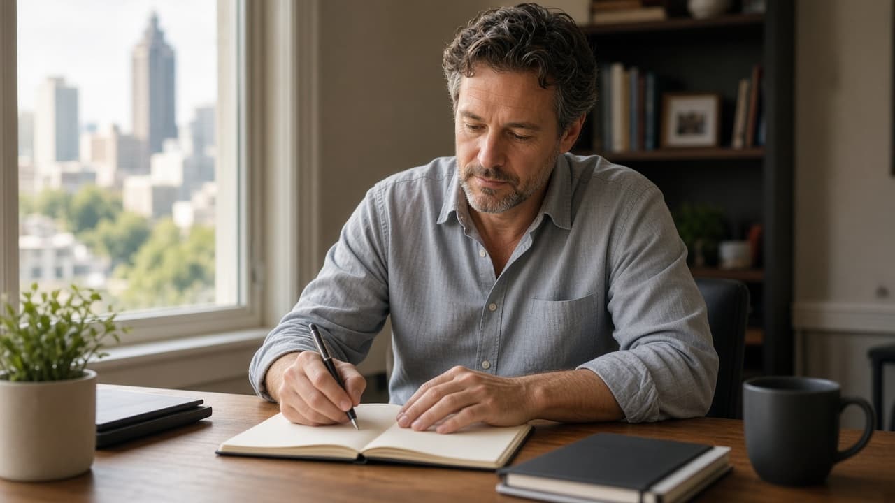 An adult at a calm desk by a window in warm morning light, reviewing the day with focus