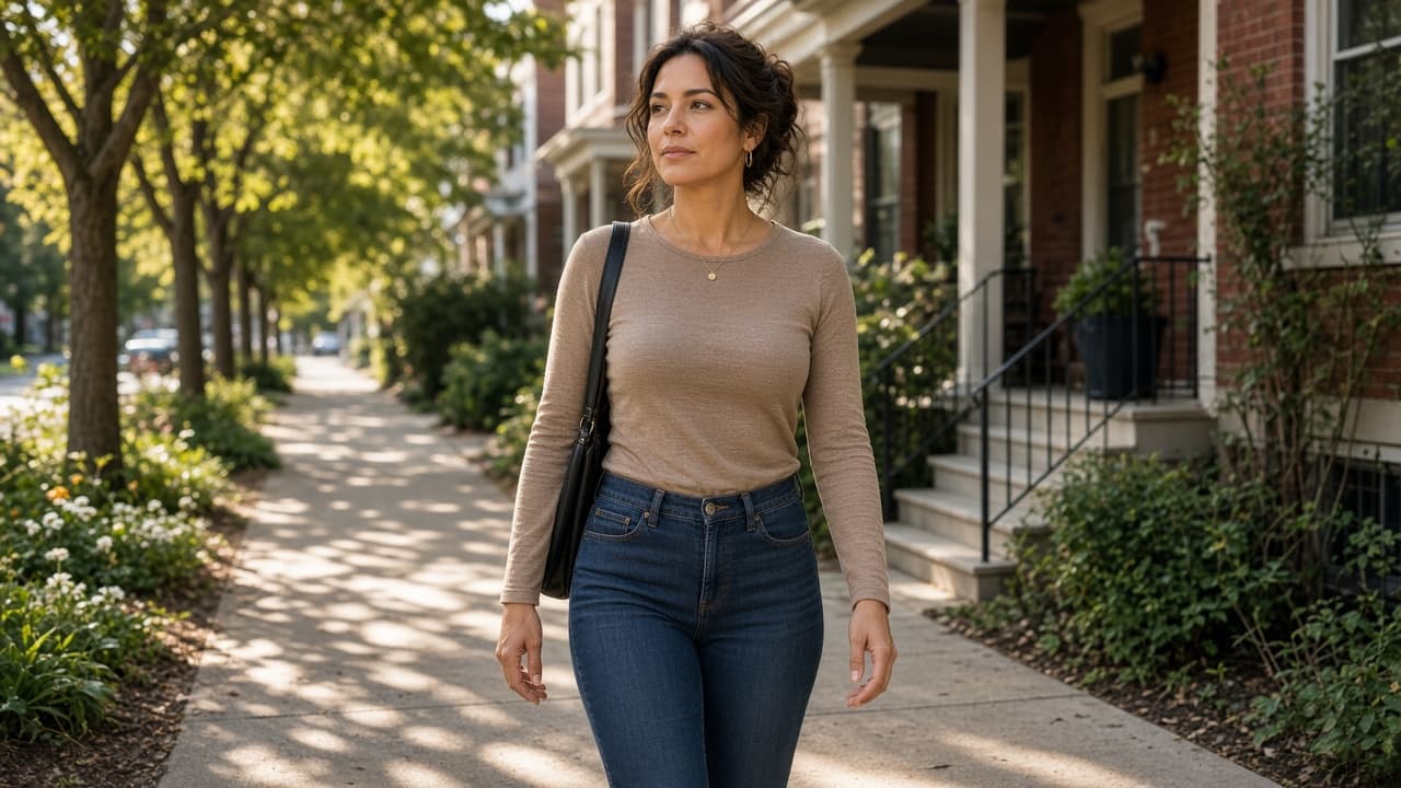 An adult in everyday clothes walking through a sunlit Atlanta neighborhood with easy confidence