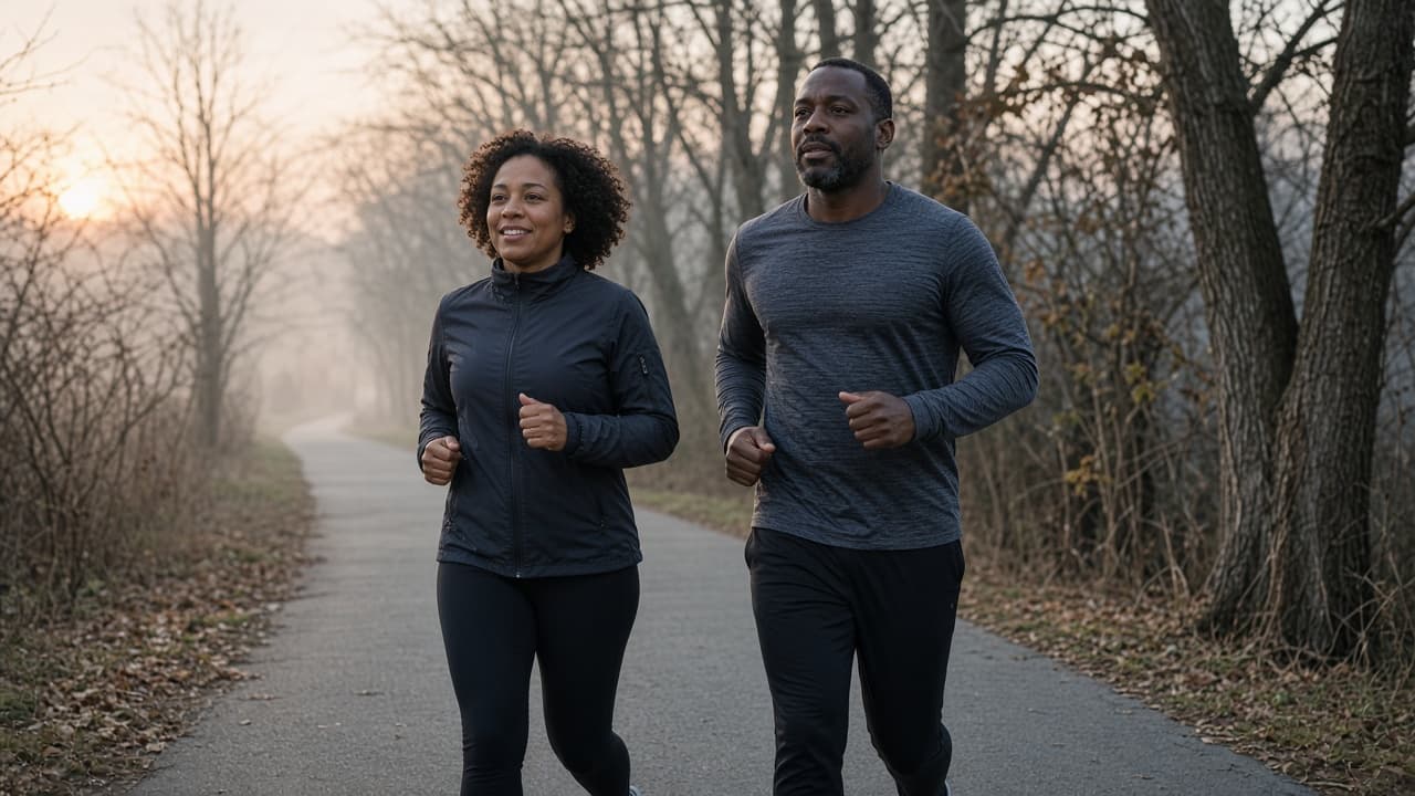 Adults training at dawn on an Atlanta path, documentary light, mixed ages, no race bibs or scores