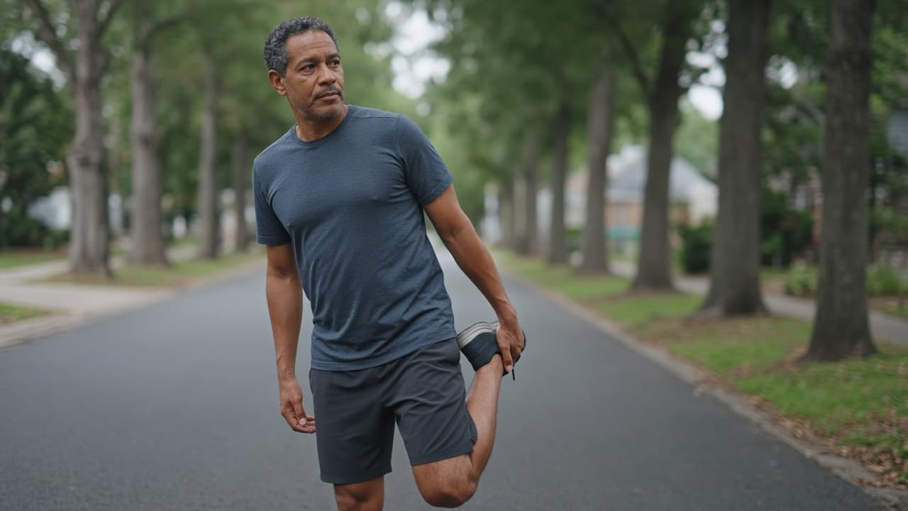 An adult stretching on a quiet path after a run, natural daylight, no logos or medical props
