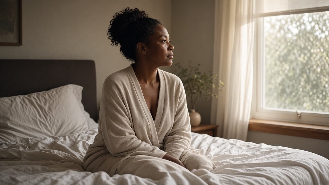 A quiet bedroom at first light, an adult sitting at the edge of the bed, unhurried morning